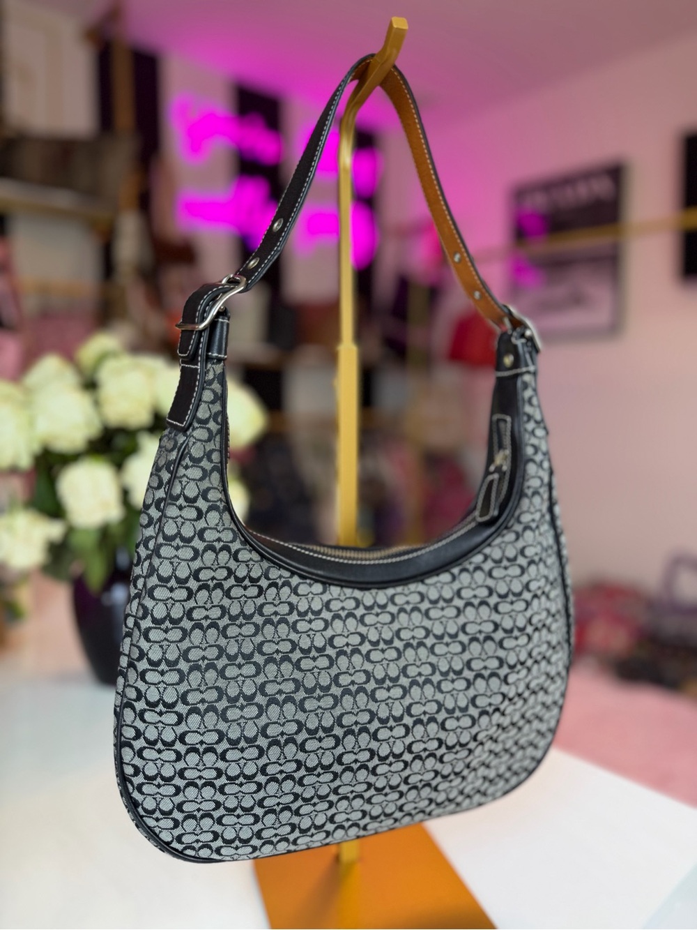 Vintage Coach 6343 Signature C Crescent Shoulder Bag Y2K Grey Black